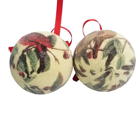 Decorative Christmas Balls Frosted Birds Cardinals Bulbs Pair Set Red Ornaments - Picture 8 of 10